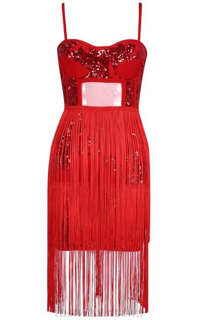 Herve Leger Red Sequin Bustier Tassel Bandage Dress