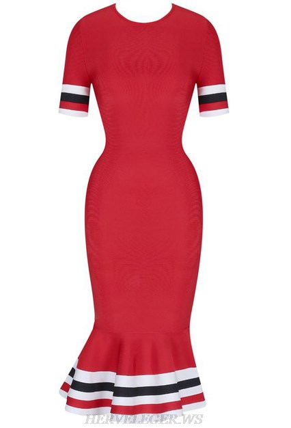Herve Leger Red Short Sleeve Fluted Bandage Dress