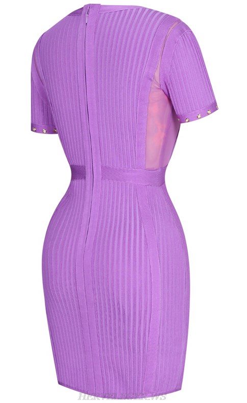 Herve Leger Purple Short Sleeve Ribbed Bandage Stars Dress