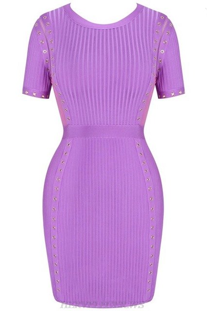 Herve Leger Purple Short Sleeve Ribbed Bandage Stars Dress