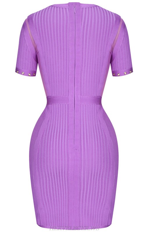 Herve Leger Purple Short Sleeve Ribbed Bandage Stars Dress