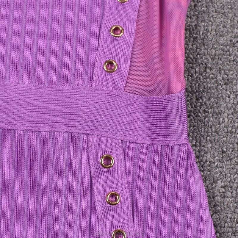Herve Leger Purple Short Sleeve Ribbed Bandage Stars Dress