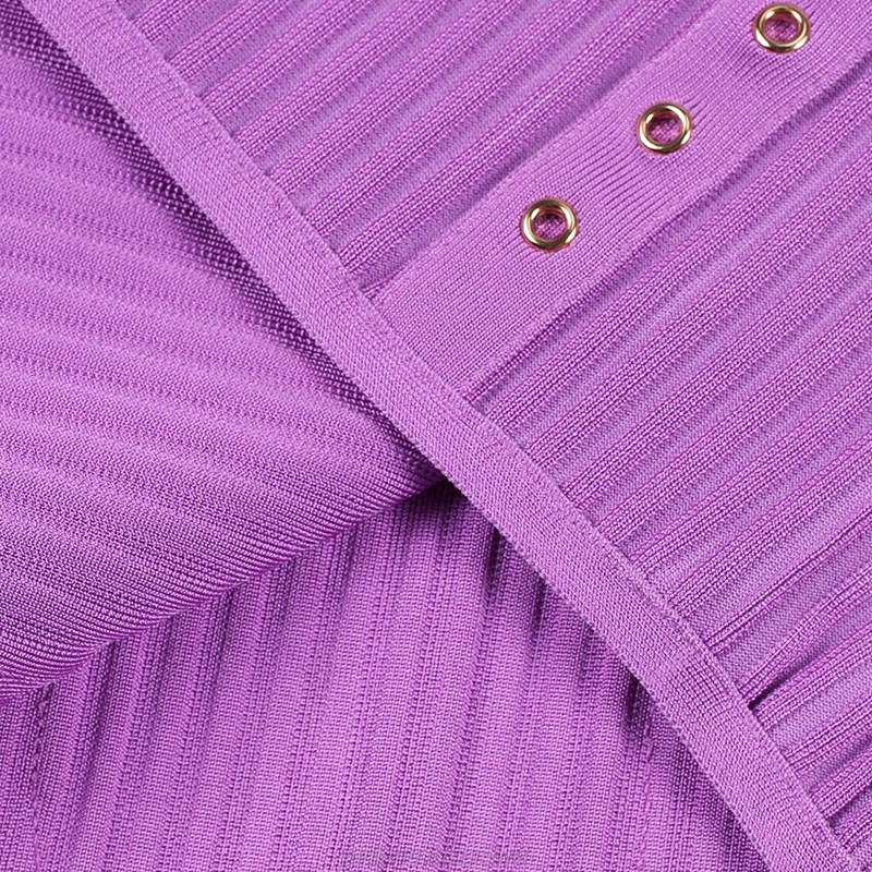 Herve Leger Purple Short Sleeve Ribbed Bandage Stars Dress