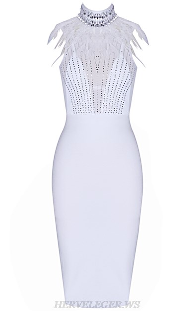 Herve  Leger White Feather Embellished Mesh Bandage Dress