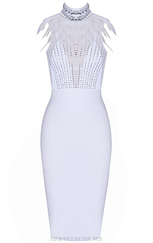 Herve Leger White Feather Embellished Mesh Bandage Dress