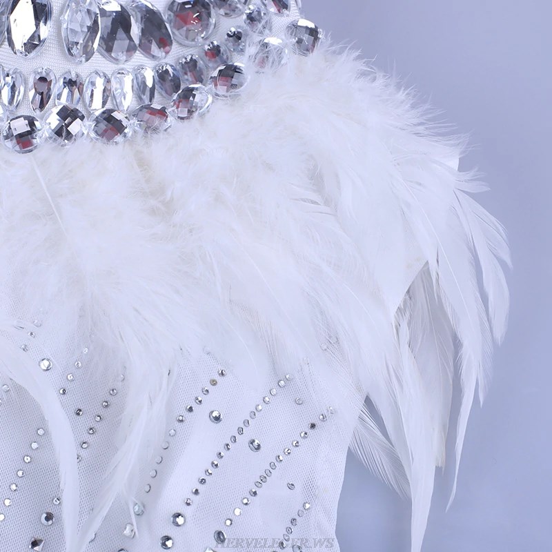 Herve Leger White Feather Embellished Mesh Bandage Dress