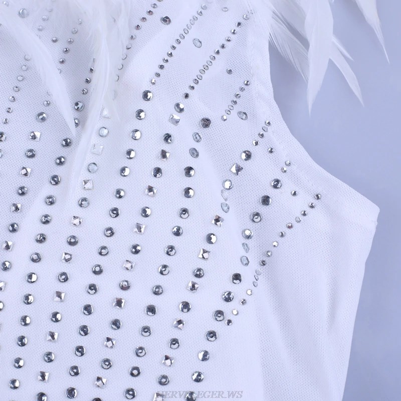 Herve Leger White Feather Embellished Mesh Bandage Dress