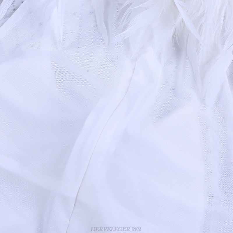 Herve Leger White Feather Embellished Mesh Bandage Dress