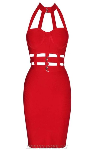 Herve  Leger Red Halter Buckle Caged Bandage Dress