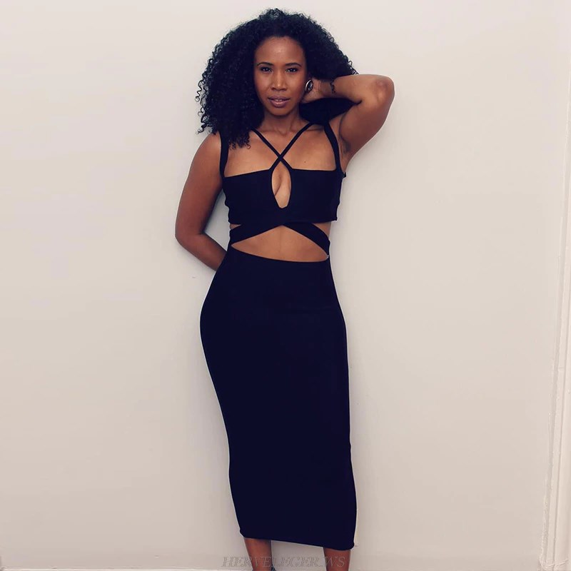 Herve  Leger Black Halter Cut Out Strappy Bandage Dress