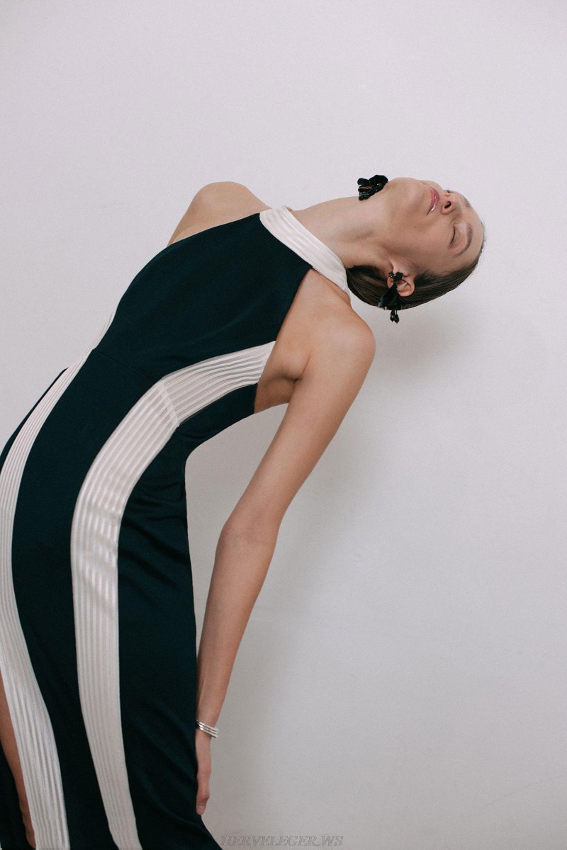 Herve  Leger Black And White Halter Monochrome Gown
