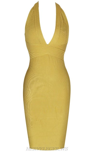 Herve  Leger Mustard Halter Ribbed Deep V Neck Bandage Dress