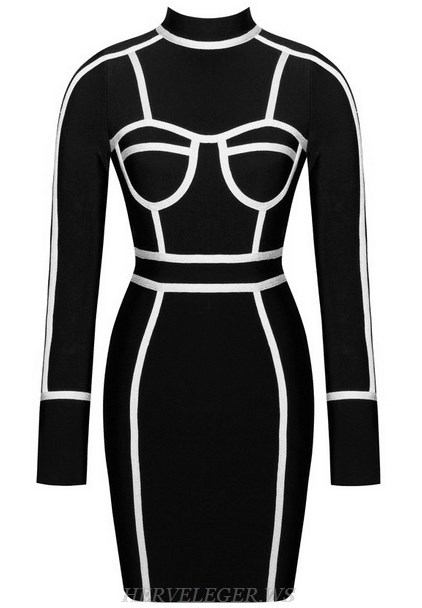 Herve Leger Black And White Long Sleeve Bandage Dress
