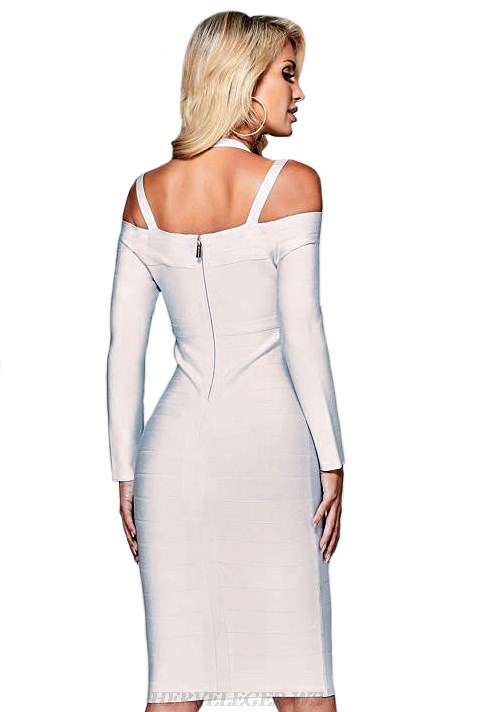 Herve Leger White Long Sleeve Halter Bardot Bandage Dress