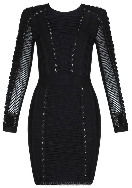 Herve  Leger Black Long Sleeve Lace Up Bandage Stars Dress