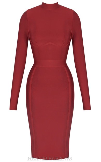 Herve Leger Burgundy Long Sleeve Bandage Dress Herve Leger Burgundy Long Sleeve Bandage Dress
