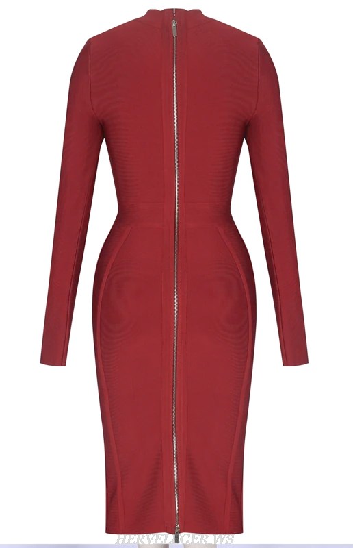 Herve Leger Burgundy Long Sleeve Bandage Dress