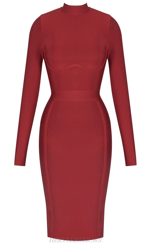 Herve Leger Burgundy Long Sleeve Bandage Dress