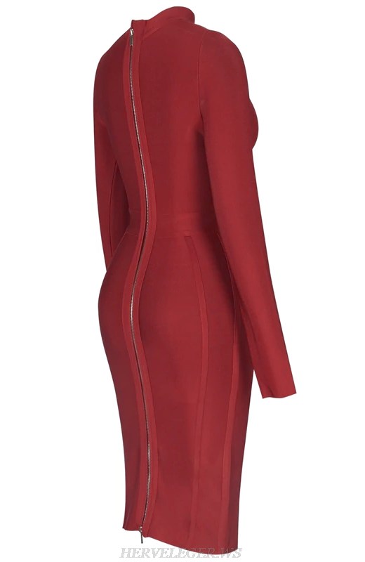 Herve Leger Burgundy Long Sleeve Bandage Dress