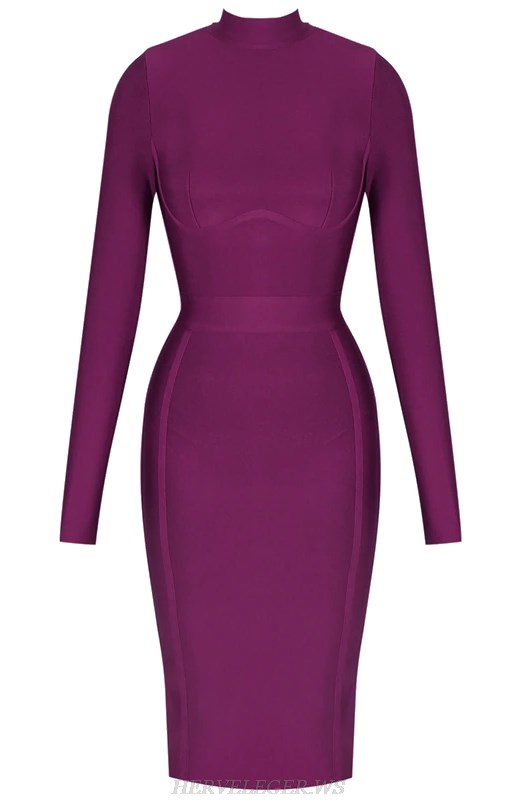 Herve Leger Purple Long Sleeve Bandage Dress