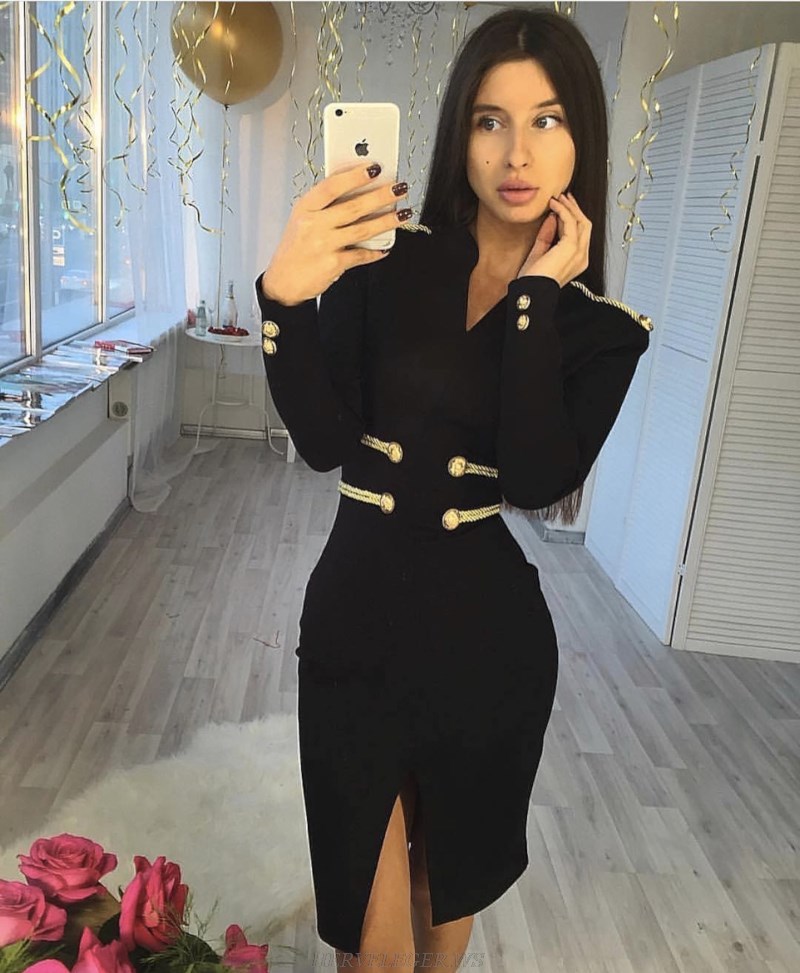Herve Leger Black Long Sleeve Officer Bandage Dress