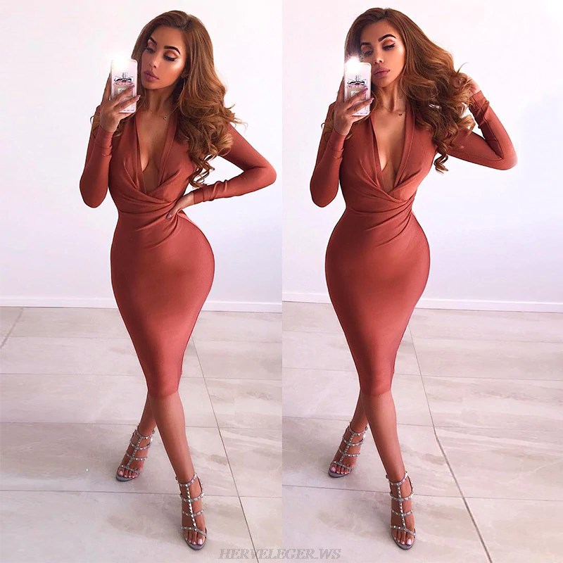 Herve  Leger Rust V Neck Long Sleeve Plunge Bandage Dress