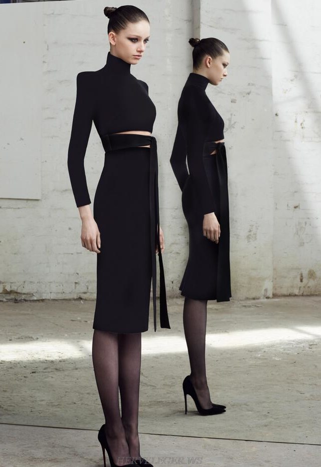 Herve  Leger Black Long Sleeve Tie Detail Mesh Bandage Dress