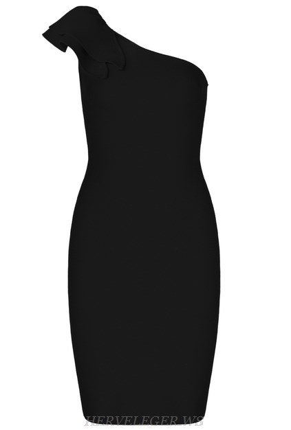 Herve  Leger Black One Shoulder Frill Bandage Dress