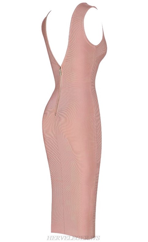 Herve  Leger Dusty And Pink Plunge V Neck Bandage Dress