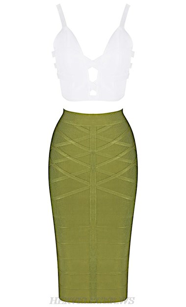 Herve  Leger White And Green Strappy Two Piece Bandage Dress