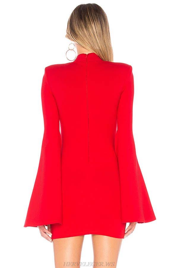 Herve Leger Red Trumpet Sleeve Bandage Dress