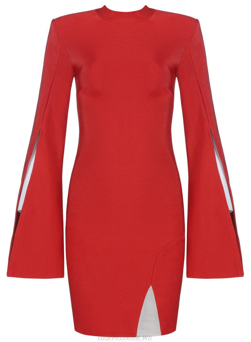 Herve Leger Red Trumpet Sleeve Bandage Dress