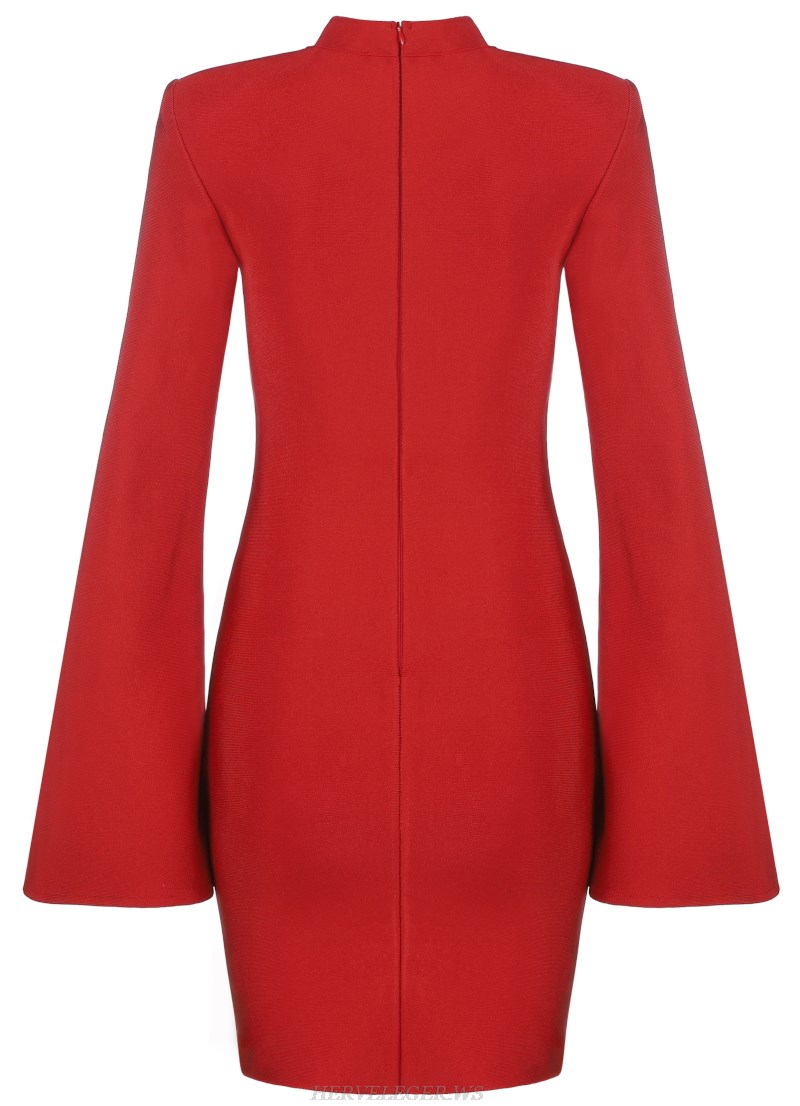 Herve Leger Red Trumpet Sleeve Bandage Dress
