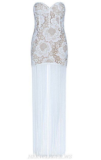 Herve Leger White Bandeau Crochet Tassel Gown