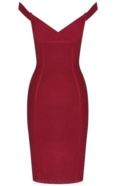 Herve Leger Burgundy Bardot Bandage Dress