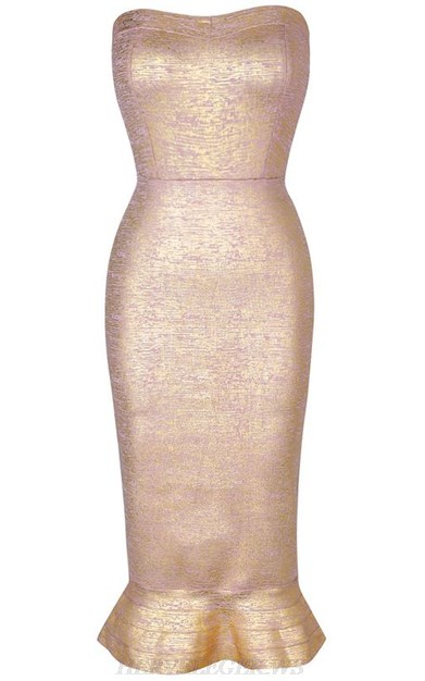 Herve Leger Gold Bardot Fluted Woodgrain Foil Print Bandage Dress