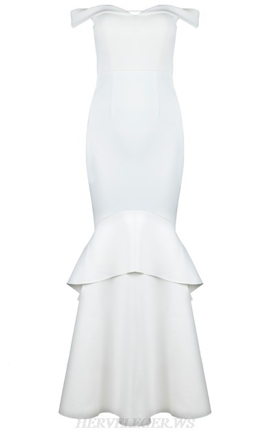 Herve Leger White Bardot Frill Gown