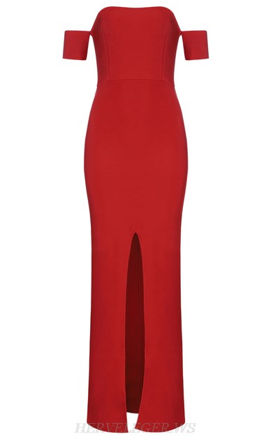 Herve Leger Red Bardot Slit Gown