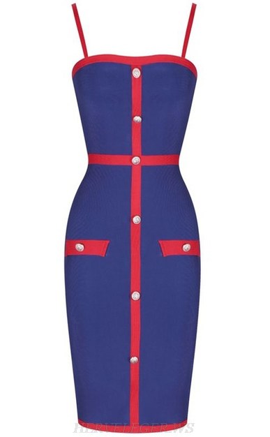 Herve Leger Blue Red Button Bandage Dress