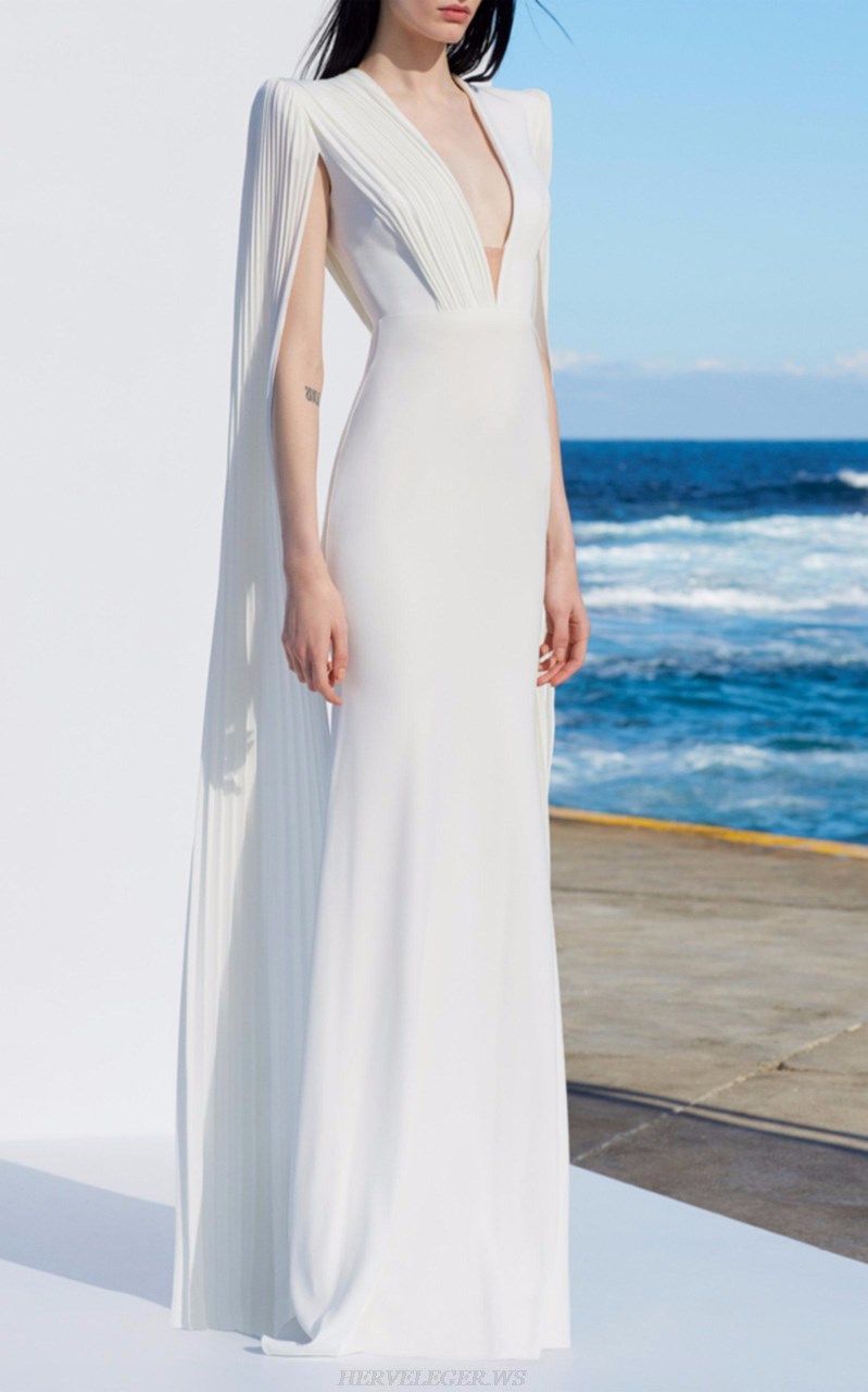 Herve Leger White Cape Sleeve Plunge Gown