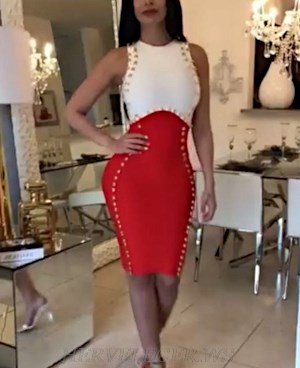 Herve Leger White Red Embellished Bandage Dress