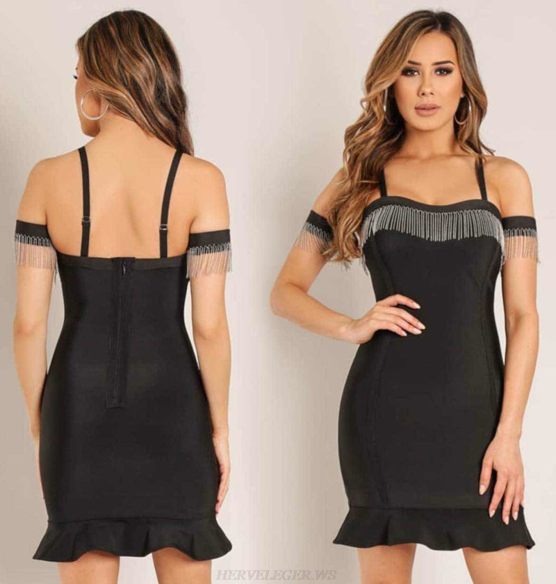 Herve Leger Black Embellished Bardot Fluted Bandage Dress