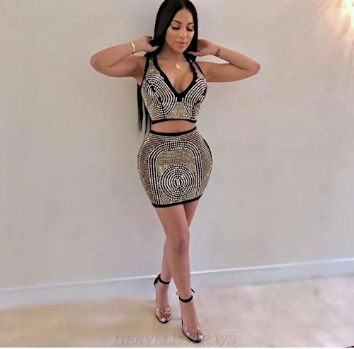 Herve Leger Black Geo Embellished Two Piece Bandage Dress