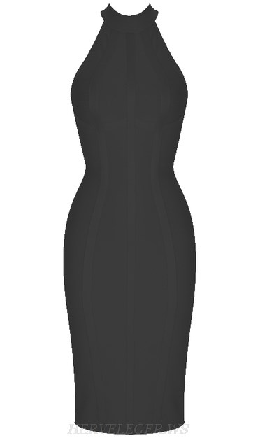 Herve Leger Black Halter Structured Bandage Dress