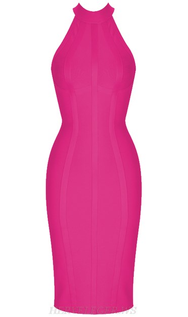 Herve Leger Hot Pink Halter Structured Bandage Dress