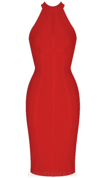 Herve Leger Red Halter Structured Bandage Dress