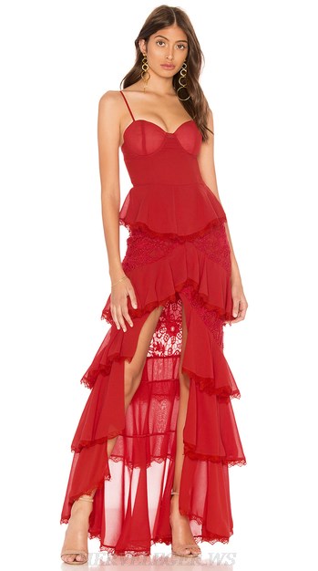 Herve Leger Red Lace Frill Gown