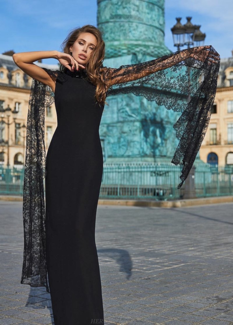 Herve Leger Black Lace Long Sleeve Gown