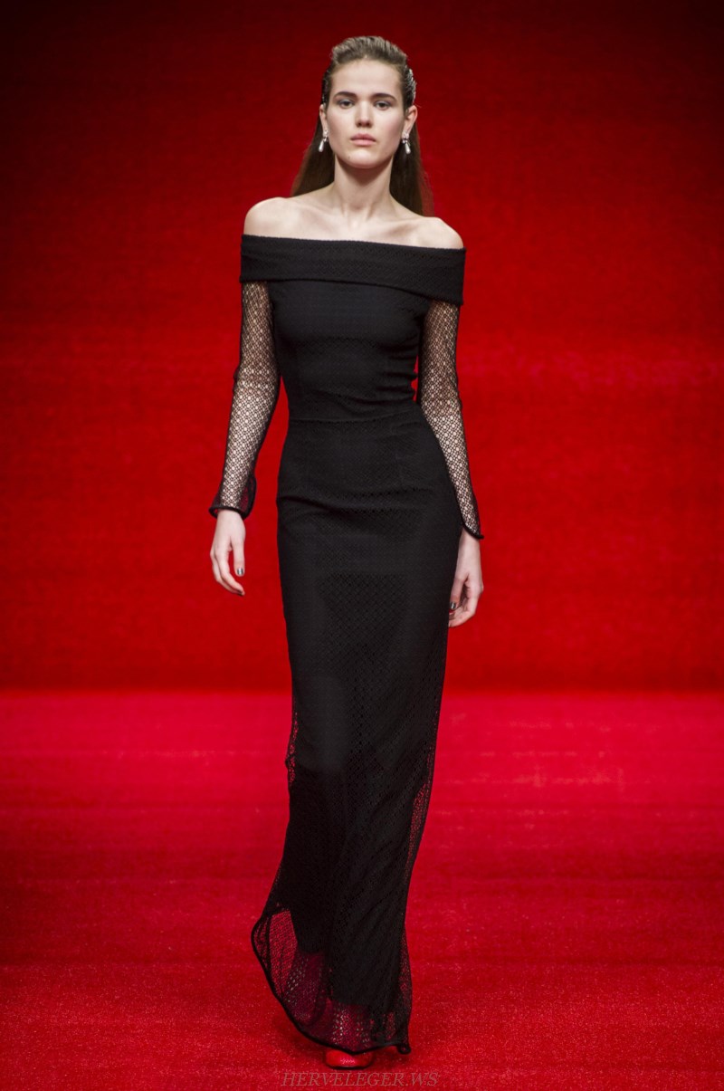 Herve Leger Black Long Sleeve Bardot Crochet Gown