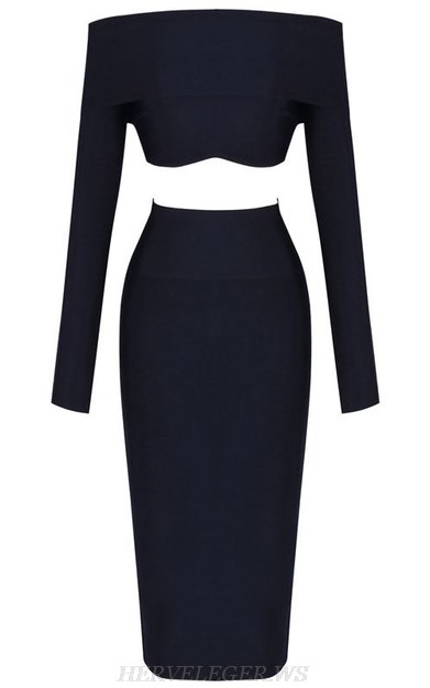 Herve Leger Black Long Sleeve Bardot Two Piece Bandage Dress